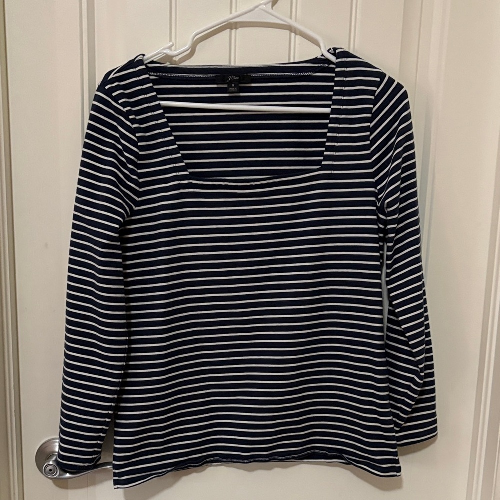 J. Crew Navy & White Striped Square Neck Long Sleeve Top